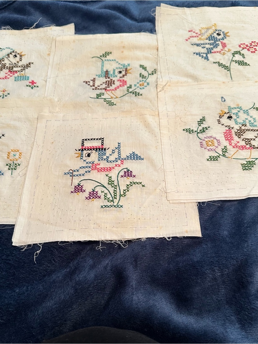 Vintage Whacky Birds Hand-Embroidered Cotton 9x9 Baby Quilt Blocks - 12 Complete